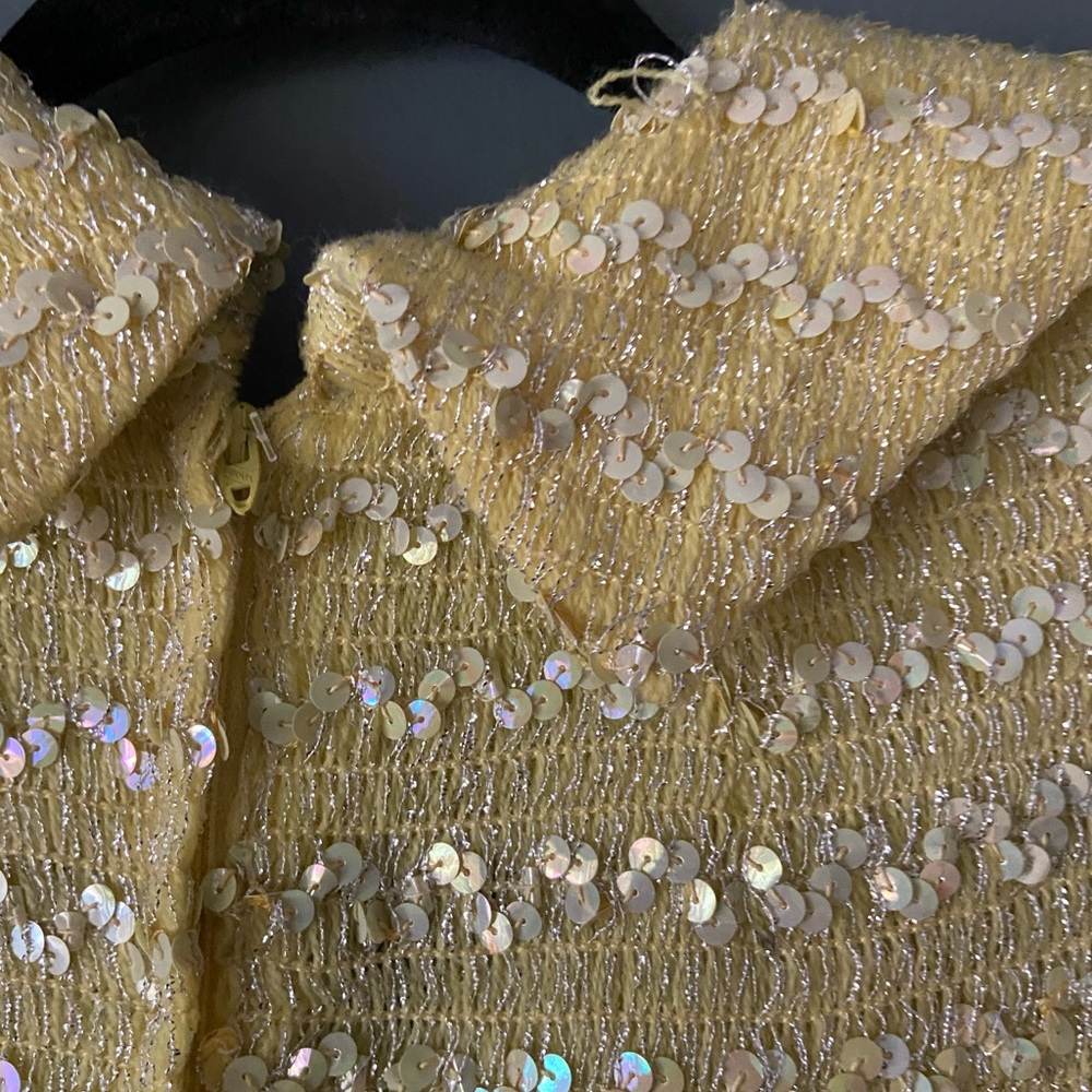 SOLD Vintage 1960s Yellow Sequin Knit Dress with Belt and Scarf - Picture 8 of 11